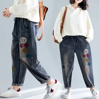

2019 Autumn Women's Wear Literature And Art Big Code Do Old Embroidery Jeans Harlan Pants