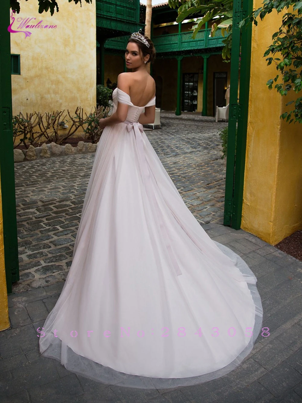 Waulizane Спагетти ремень плиссированный тюль светло-розовый линии свадебное платье с великолепным поясом свадебное платье