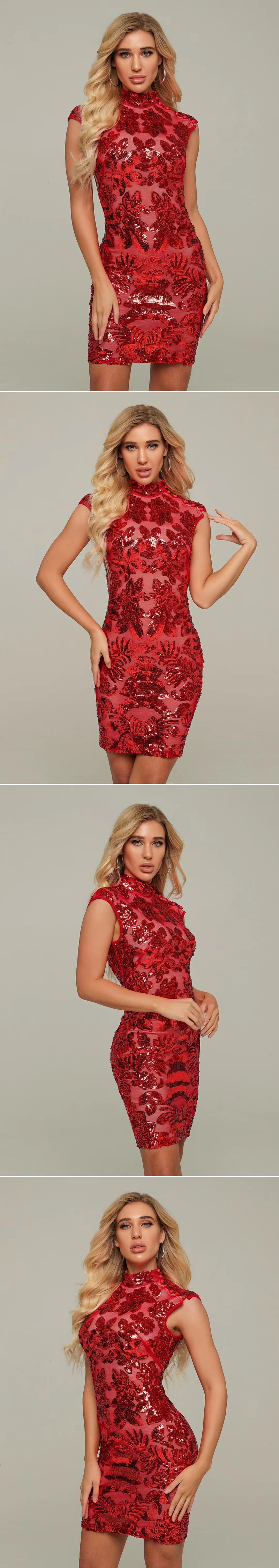VC женское красное платье сетка сплайсинга Красные Блестки Vestidos водолазка знаменитости Рождественская вечеринка мини облегающее платье