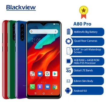 Перейти на Алиэкспресс и купить Глобальная версия смартфона Blackview A80 Pro, четырехъядерная задняя камера, 4 ГБ, 64 ГБ, мобильный телефон, 6,49 дюйма, Waterdrop, 4680 мАч, 4G