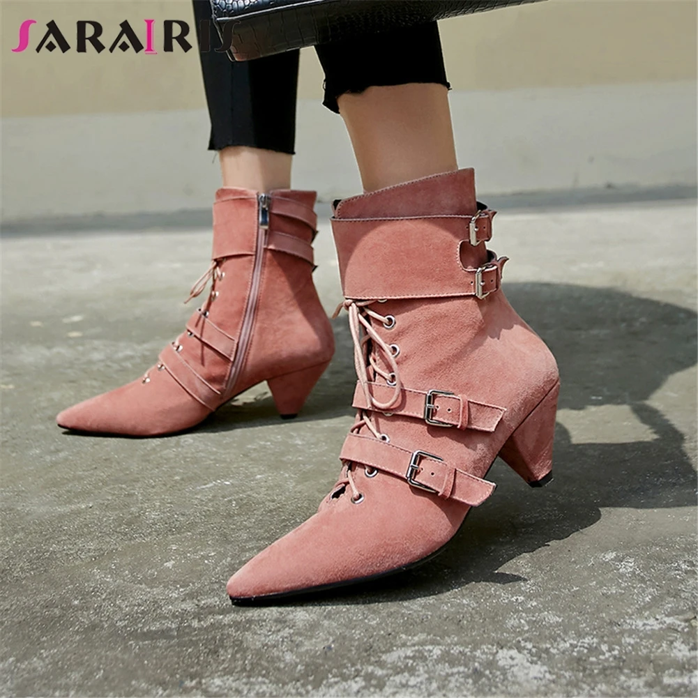 

SARAIRIS New Autumn Winter Big Size 33-43 Brand Kid Suede Pointed Toe Belt Buckle Shoes Woman Casual Party Ankle Boots Women