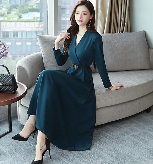 Осень Новое поступление размера плюс высокое качество элегантное однотонное женское шифоновое длинное платье с поясом - Color: Blue