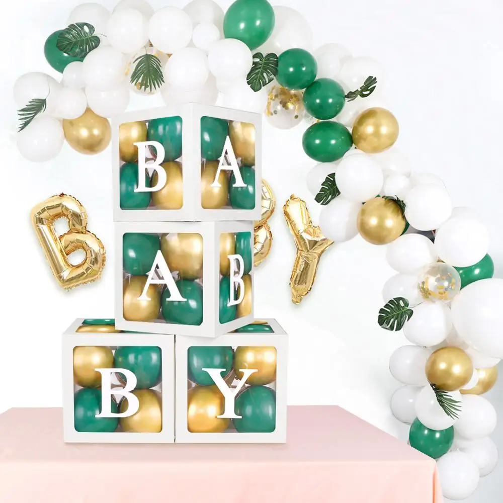 

OurWarm DIY Baby Shower Decorations 4pcs Transparent Box with 4set BABY Letter Baby Shower Boy Girl Letter Blocks Gift Boxes