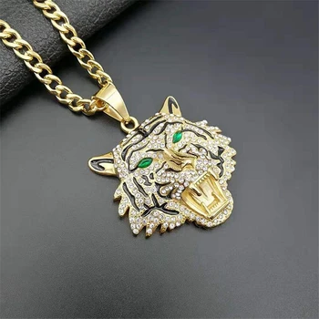 

Wholesale Stainless Steel Chain Necklaces For Women Jewelry Punk Style Green Crystal Eyes Tiger Pendant Necklaces Collier Femme