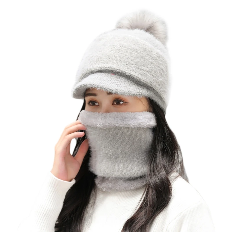 

Women Winter 2Pcs Set Pompom Visor Knit Beanie Hat with Plush Lined Circle Scarf X7XE