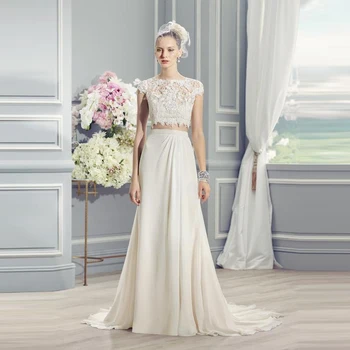 

New Arrival On Sale Two Pieces Lace Bride Wedding Dresses Jewel Neck Short Sleeves Bridal Gowns Cut Out Back Appliqued Free Ship