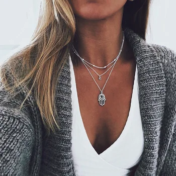 

Gold Silver Color Bead Choker Necklace 2020 Fashion Hand Hamsa Pendant Necklace for Women Layered Clavicle Chain Collar