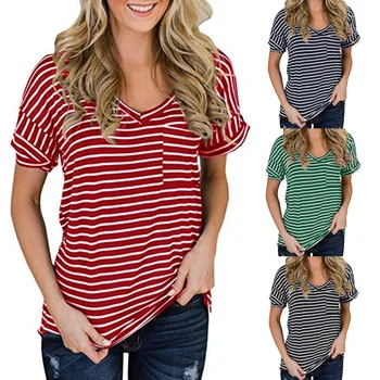 

Daily suit OWLPRINCESS 2020 Summer New V-neck Chest Striped Style with Pockets Short-Sleeved Women's T-shirt