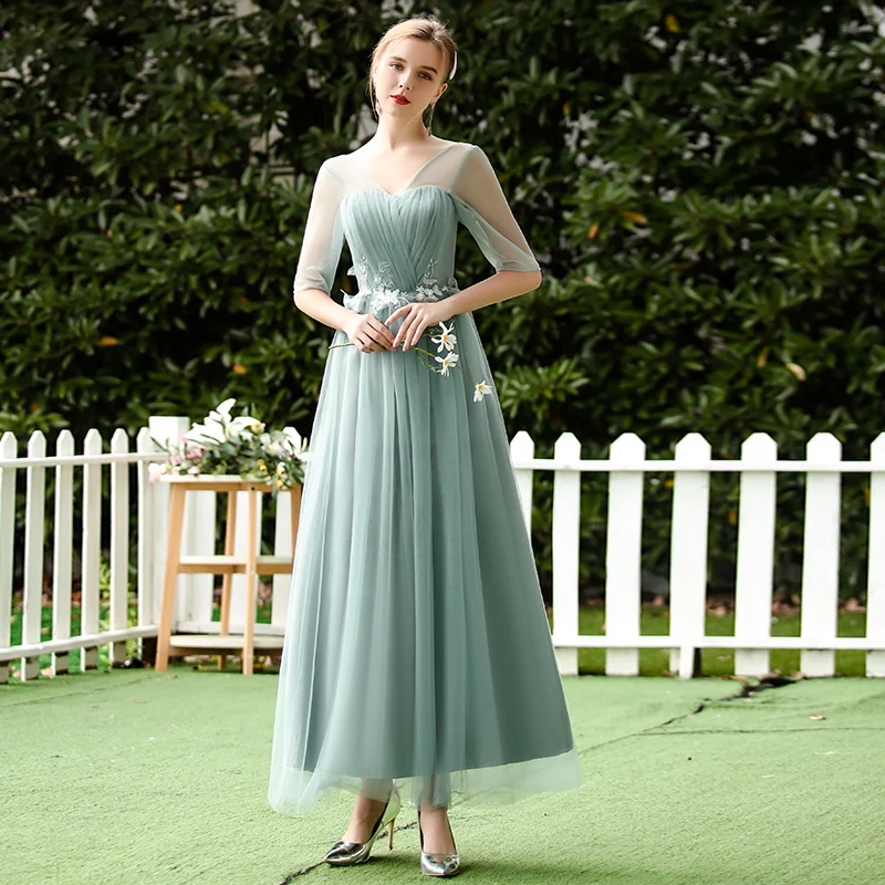 

V-neck Long Tulle Bridesmaid Dress Vestidos Mujer Elegant Dress Women for Wedding Party A-Line Simple Dress Sexy Prom Azul Royal