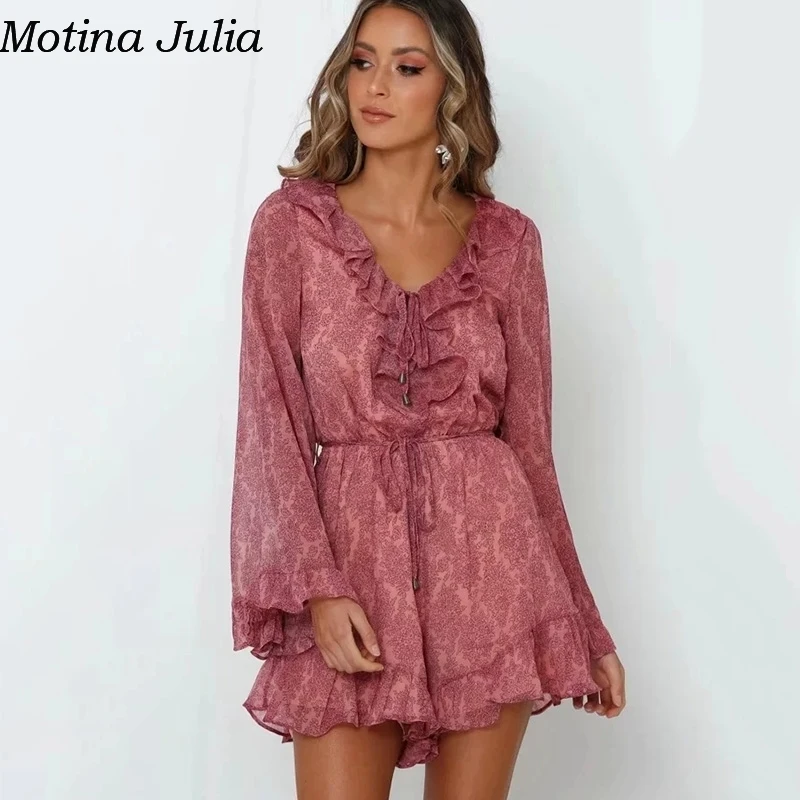 Motina Julia, сексуальный комбинезон с расклешенными рукавами и рюшами, Осенний элегантный повседневный пляжный комбинезон, шифоновые короткие комбинезоны для женщин