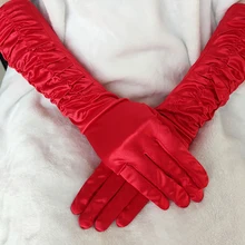 

Cosplay Christmas Party Accessories 38CM Wedding Bridal Gloves Full Fingers Mittens Women Long Gloves Solid Color Satin Pleated