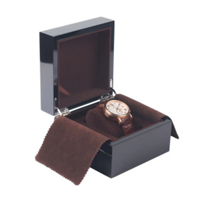 

Fashion Luxury Black Wood High-grade Flannel Watch Box Varnish Face With Metal Shell Brand Watch Display Box Gift Stand Case