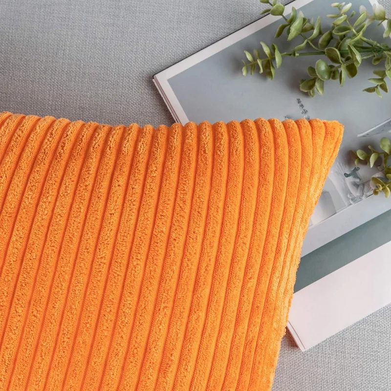 Pack of 2 Corduroy Soft Velvet Striped Solid Square Throw Pillow Covers Cushion Cases 18 X 18 Inch Orange