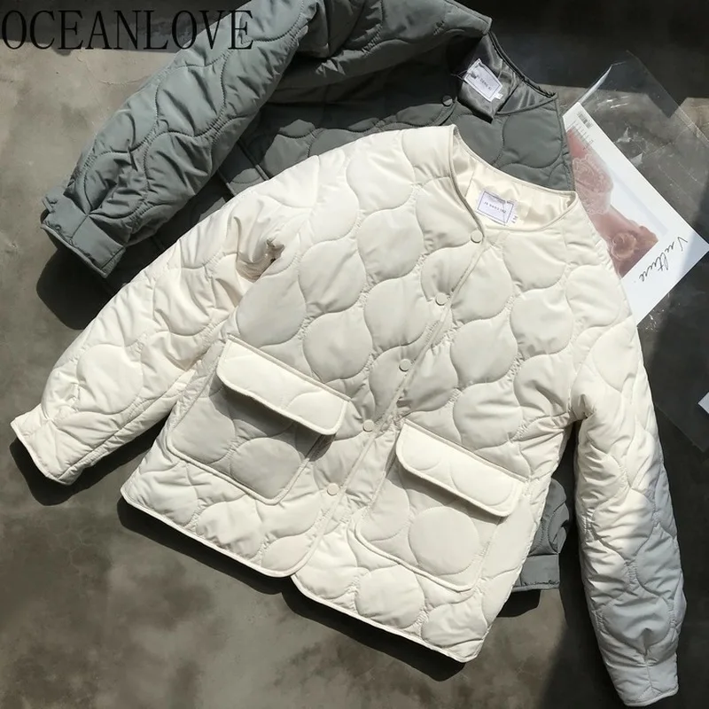 OCEANLOVE Vintage Parkas Fashion Short Winter Jacket Women Solid O Neck 2020 Korean New Pockets Coat Single Breasted 13206 |