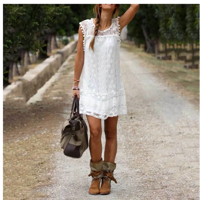 Summer Sexy Sleeveless White Lace Women Elegant Pom Pom Trim Floral Hollow Out Mini Short Dress White