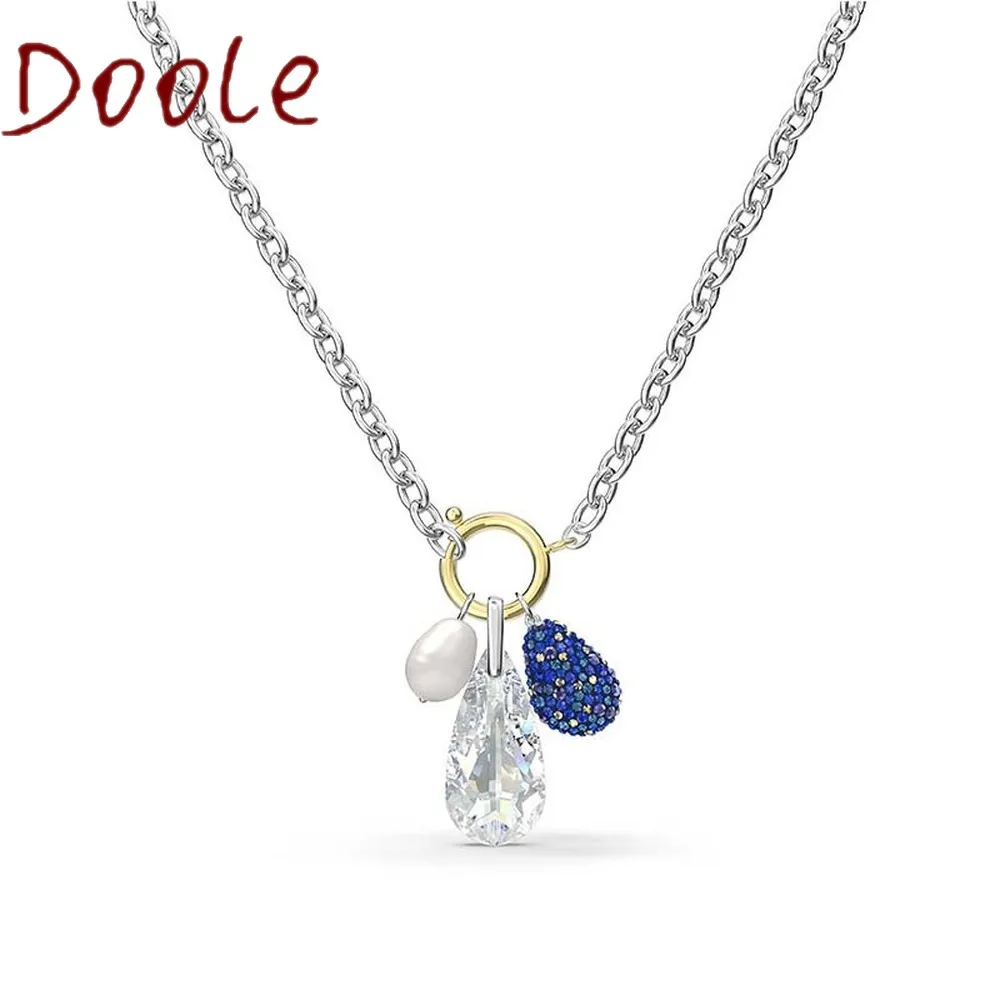 

High Quality SWA, Modern Fashion Dark Blue Crystal Pearl Necklace, Three Pendant Spring Clasp Clavicle Chain Jewelry For Women
