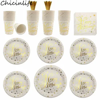 

Chicinlife Gold Happy Birthday Disposable Tableware Star Paper Cups Plates Tablecloth Napkins 1st Birthday Party Decor Supplies