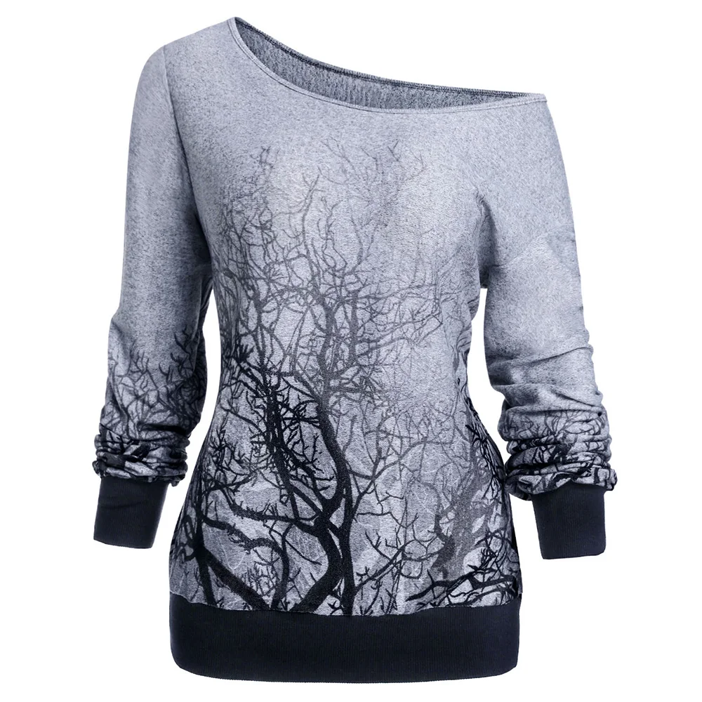 

ROSEGAL 3XL Spring Fall Knitting Gothic Hoodies Women Skew Neck Long Sleeve 3D Tree Print Halloween Sweatshirt Top Female Shirt