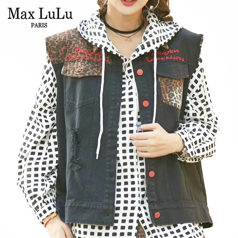Max LuLu Весенняя корейская модная одежда женская панк уличная Женская леопардовая жилетка без рукавов винтажные джинсовые пальто жилеты