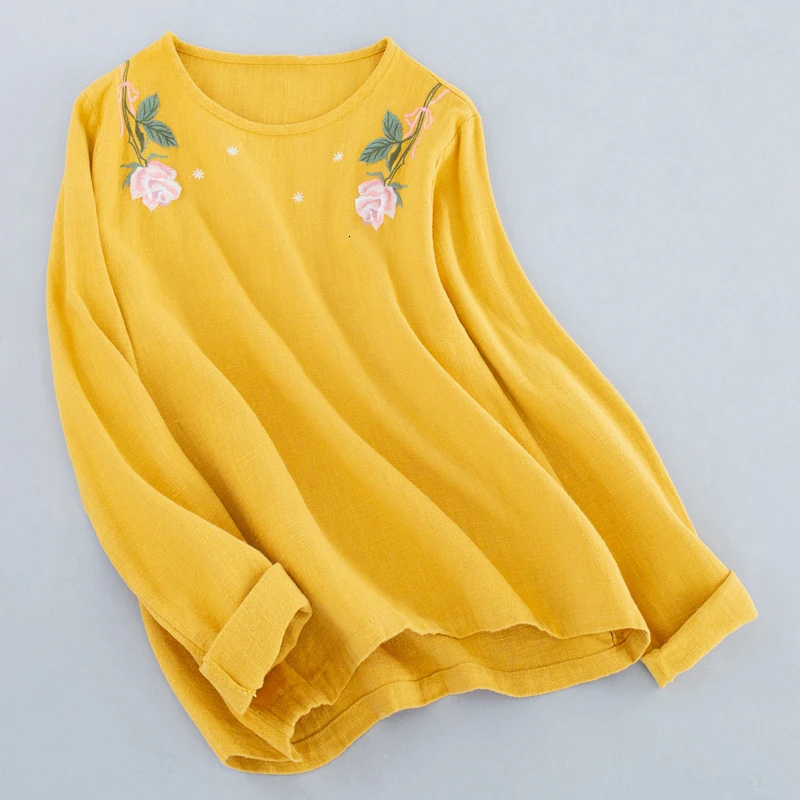 Льняные футболки, топы с длинным рукавом, осенняя Цветочная футболка с вышивкой, Женская Удобная Повседневная Винтажная футболка с круглым вырезом, Roupas Mujer - Цвет: Yellow