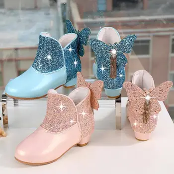

Disney Kids Bow Sequins Boots Autumn Winter New Girls Princess Boots Girls Fashion Elsa Children Shoes School