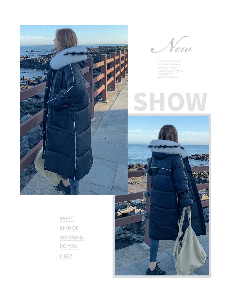 Winter Warm Long Down Jacket Women Big Fur Collar Hooded Coats Female Korean Loose Cotton Coat Women Parka Padded Jacket Tide