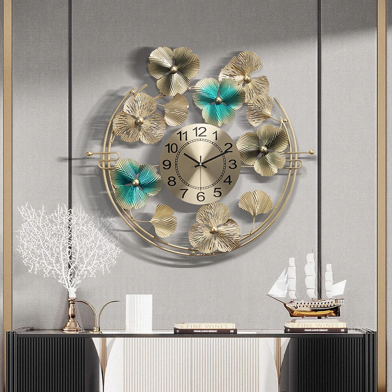 

Chinese Luxury Wrought Iron Ginkgo Wall Clocks Wall Hanging Home Livingroom Wall Mural Decoration Hotel Porch Wall Sticker Craft