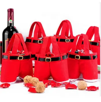 

Christmas Gift Handbags Candy Wine Bottle Bag Totes Red Santa Claus Suspender Pants Trousers /BY