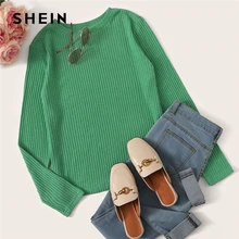 SHEIN однотонная трикотажная Повседневная футболка с круглым вырезом в рубчик, женские футболки, Осенние офисные женские футболки с длинным рукавом, базовая форма