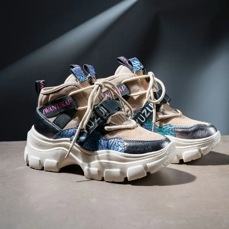 Taoffen Real Leather Women Thick Sole Sneakers Colorful Comfortable Shoes Women Fashion Round Toe Casual Sneakers Size 35-40