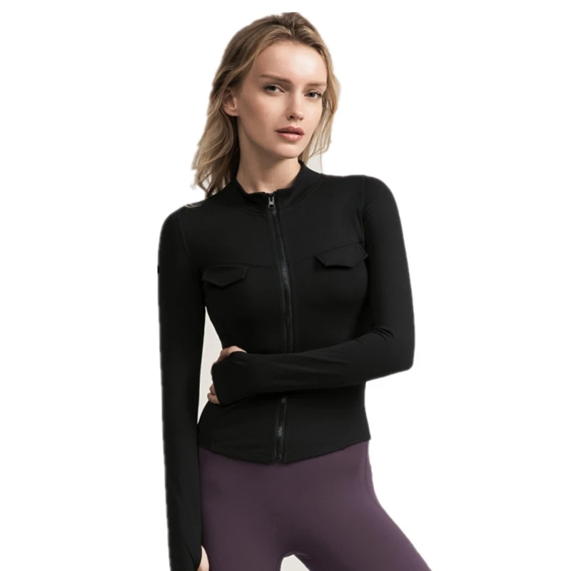 Цветная женская спортивная куртка с длинным рукавом на молнии для бега, теплая куртка для тренировок, тонкая спортивная куртка для йоги, Толстовка для фитнеса - Цвет: Черный