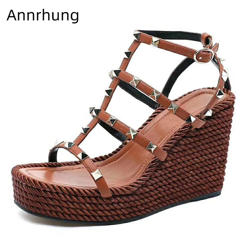 

Sexy 2020 Summer Rivet Sandals Women High Platform Knitted Wedges Open Toe Ankle Strap Genuine Leather Sandalias De Mujer