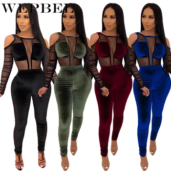 

WEPBEL Full Sleeve Mesh Velvet Bodysuits + Pants Suit Two Piece Set Sexy Night Club Party Outfits Women's Set Tracksuit