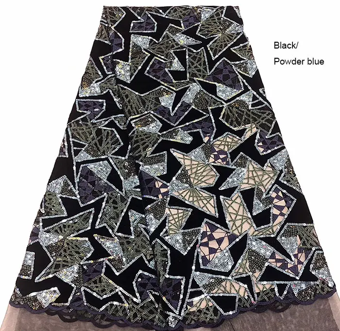 5 ярдов вырезать отверстиями Handcut африканская кружевная бархатной ткани с блестками Высокое качество блестящие и отличные - Цвет: Black PowderBlue