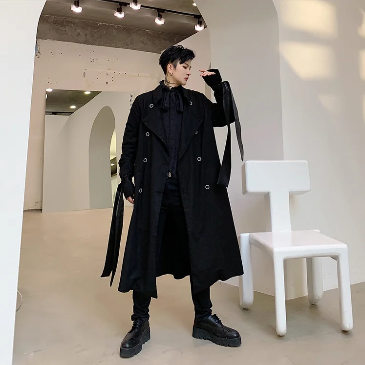 S-xl! темно-черный простой мужской красивый свободный длинный двубортный ветровка куртка стримеры декоративное осеннее пальто