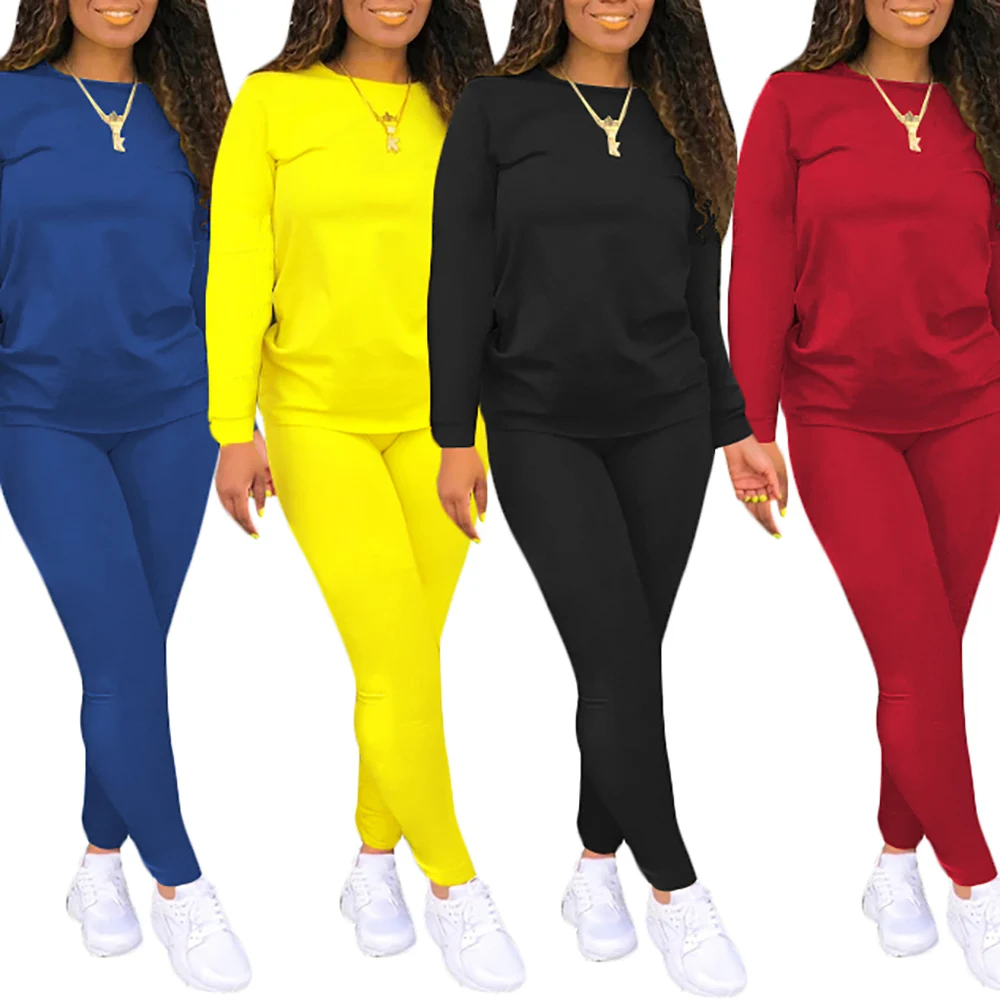 

Women Autumn Casual Solid Color Long Sleeve Tracksuit Round Neck Hoodie Top Elastic Waist Pencil Pants 2 Pcs Sportswear Suit D30
