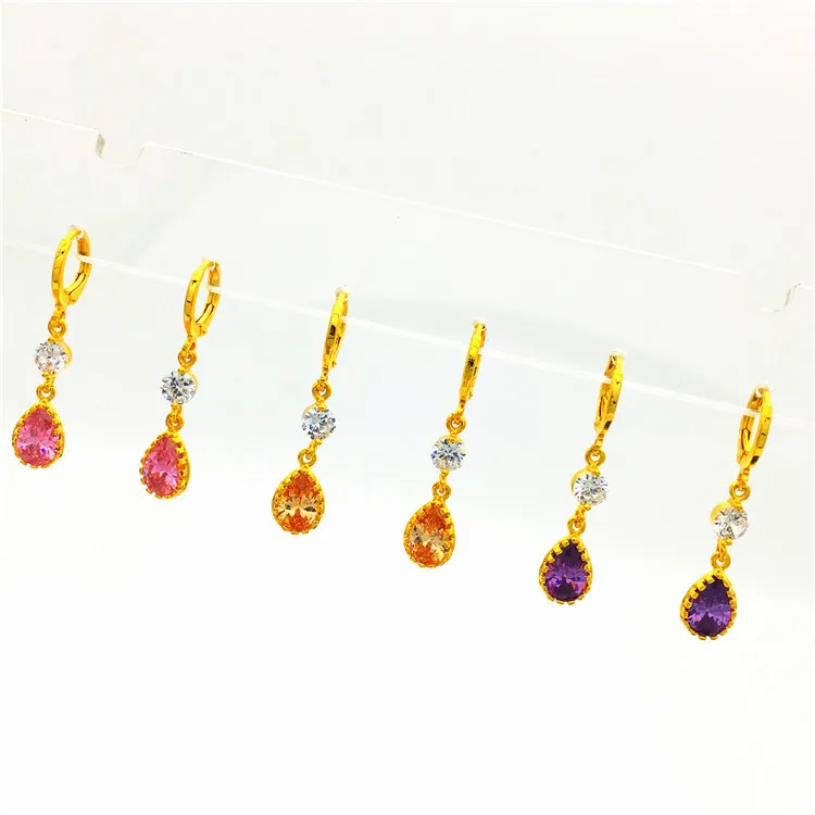 

New copper plated Vietnam sand gold micro set gem Water Drop Earrings Gold Plated female Earrings long lasting jewelry