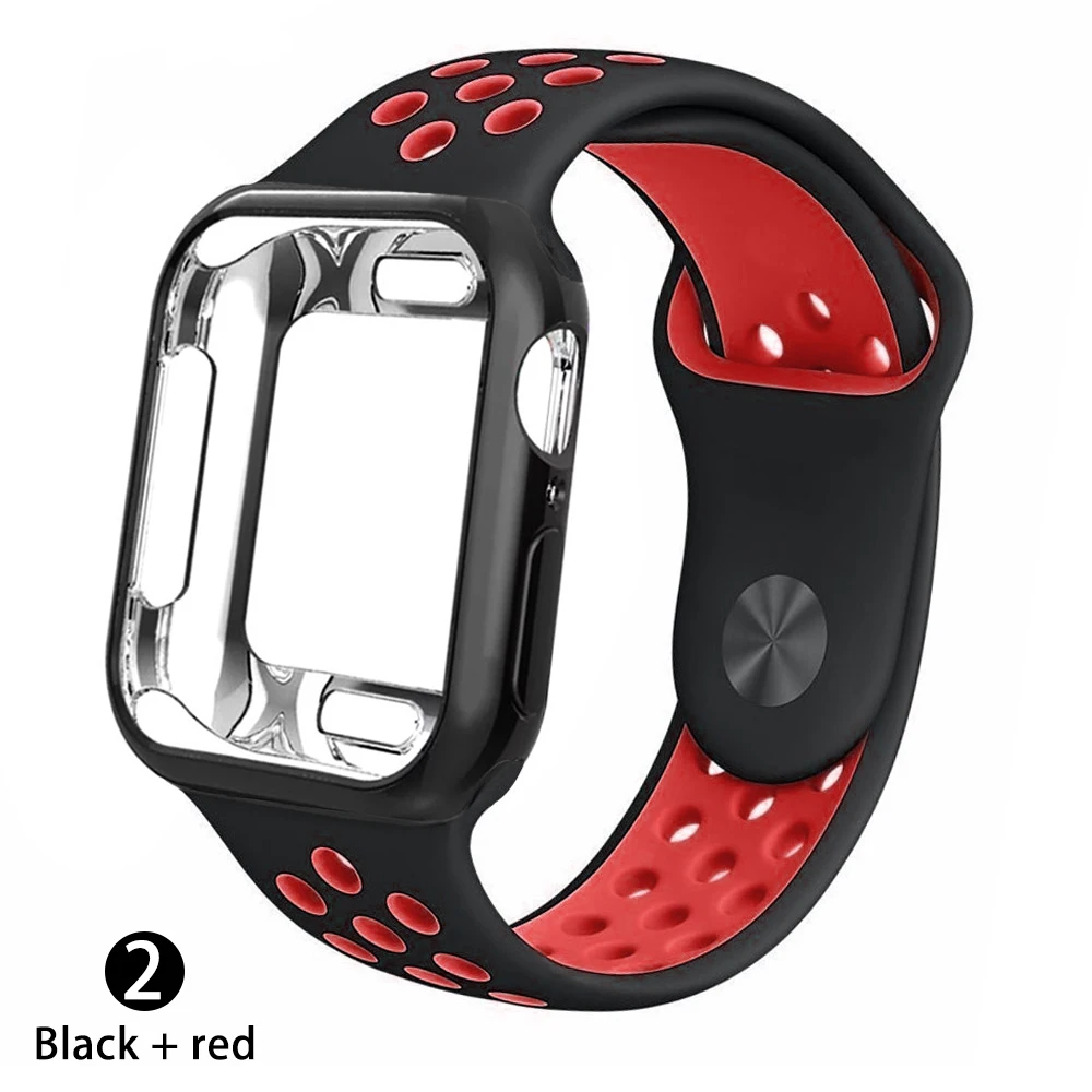 Силиконовый спортивный ремешок+ чехол для apple watch 5 4 3 2 1 серия 38 мм 42 мм ремешок для iwatch 40 мм 44 мм браслет аксессуары для запястья - Цвет ремешка: Black with red