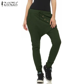 

Women's Pants ZANZEA Plus Size Ladies Casual Loose Elastic Waist Drop-crotch Trousers Solid Cargo Pantalones Bottoms Streetwear