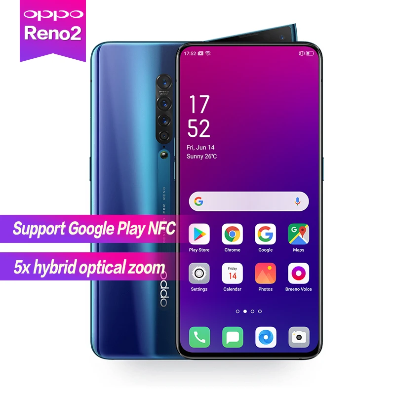 

OPPO Reno 2 Snapdragon730G 5x zoom 6.5" AMOLED Screen Support NFC Super VOOC 2400*1080 4000mAh 5cameras 48MP Face+Fingerprint ID