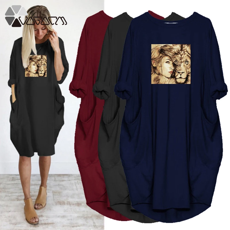 

2020 Plus Size 5XL Women Loose Dress Girl And Lion Print Long Sleeve O Neck Pocket Casual Streetwear Vestidos Dresses Robe Femme