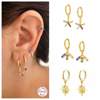 

Genuine 925 Sterling Silver Huggie Hoop Earrings for Women Girl Lovers' Colorful Bling Zicron Dangle Earring Pendientes Oorbelle