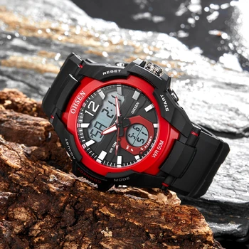 

OHSEN Digital electronic men sport wristwatch red fashion military Quartz watch silicone bracelet male clocks relogio masculino