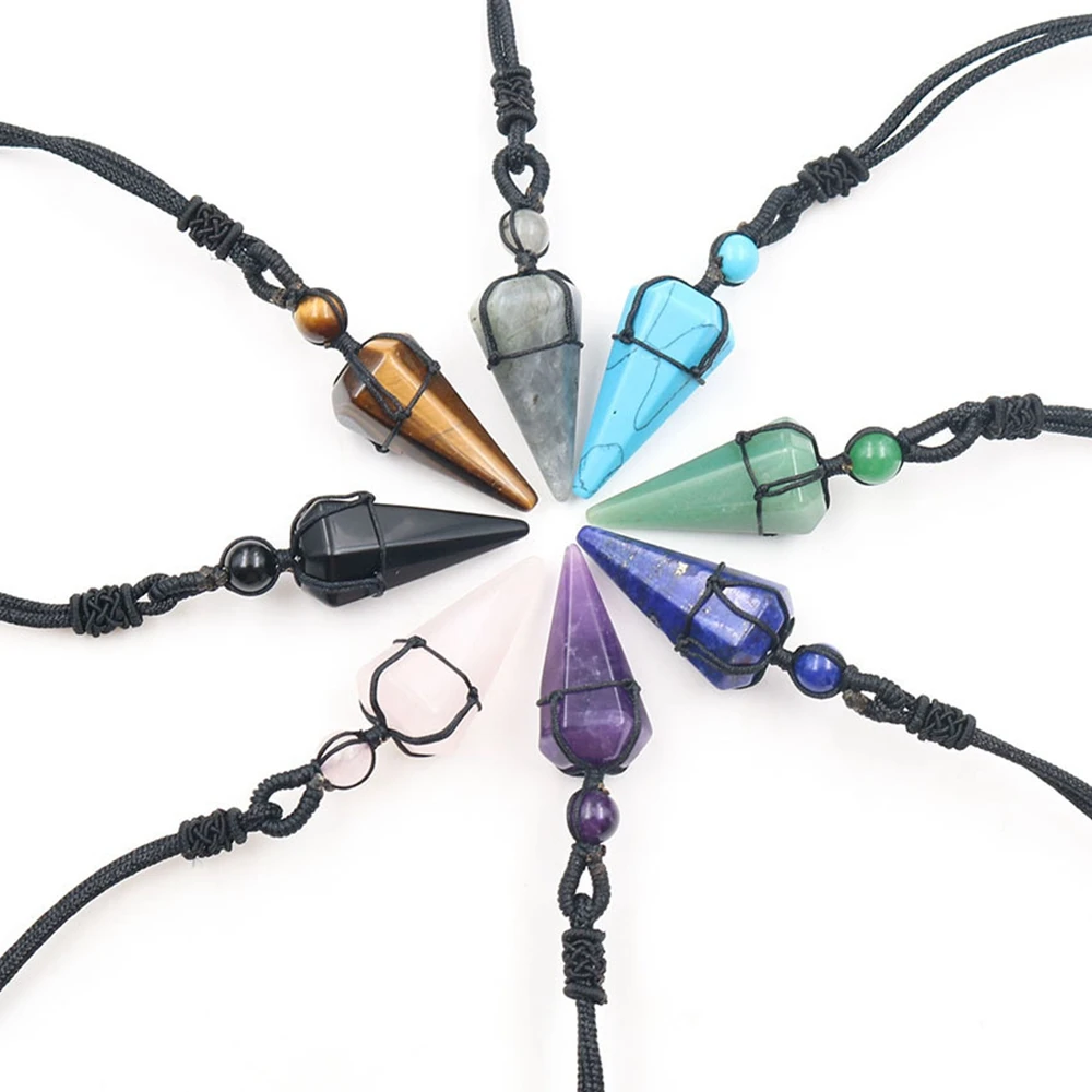 QIMOSHI Adjustable Leather Cord Natural stone Hexagonal Pointed Reiki Chakra Pendants Healing Quartz Crystal Pendulums Necklace | Украшения