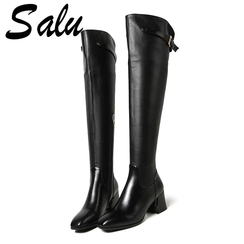 

Salu Square Heels Over The Knee High Women Boots Rouned Toe Ladies Western Boots Party Dress Shoes Woman Large Size