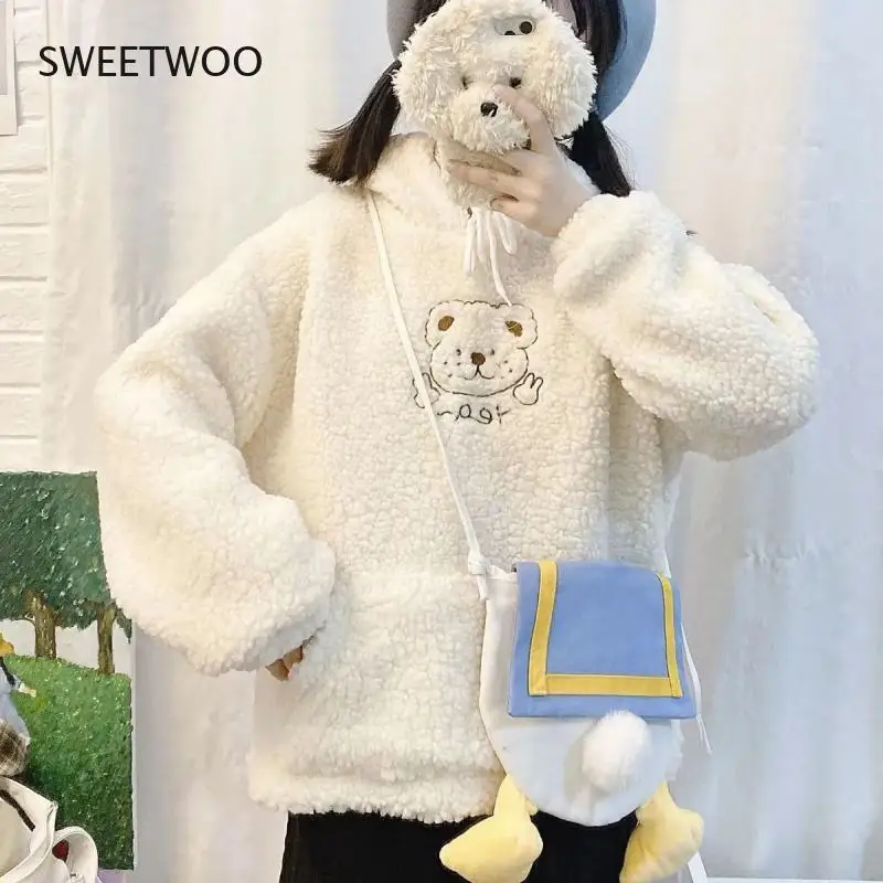 Kawaii Hoodies Women Winter 2021 Fashion Embroidery Funny Print Pullover Long Sleeve Cute Tops Casual Women Sweatshirt