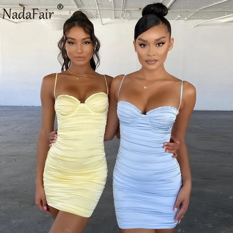 Nadafair yaz kadın elbise parti Clubwear 2021 spagetti kayışı Backless Mini şal dantelli İnce Bodycon seksi elbise kadınlar