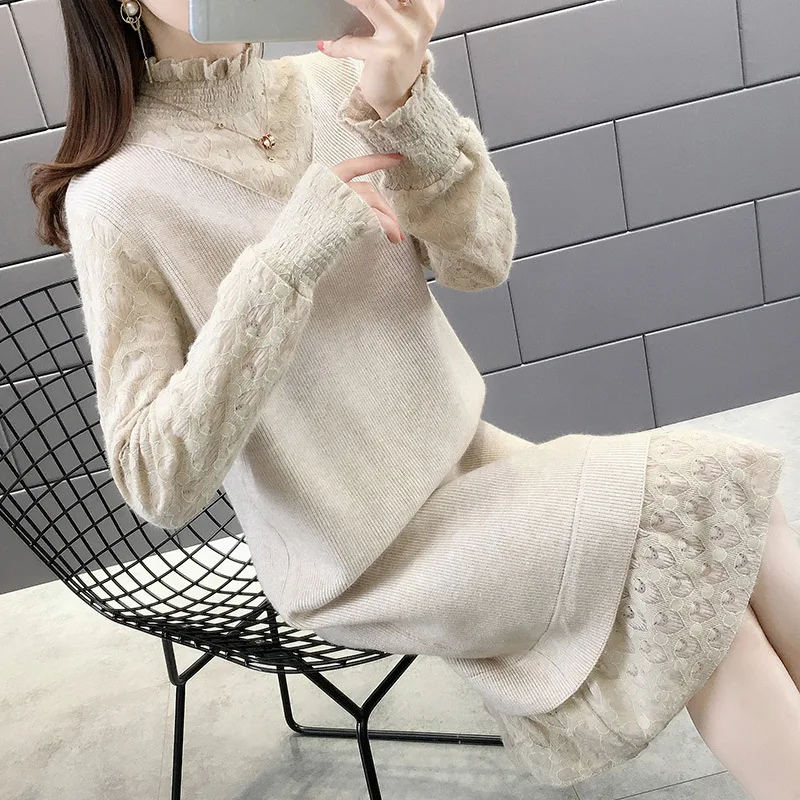 

Loose-Fit Sweater Dress Mid-length Dress Women's 2020 Spring New Style Lace Joint Pullover Knitted Base Skirt Women's