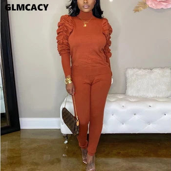 

Women Auttumn Winter Two Piece Tracksuits Puff Sleeve Turtleneck Sweatshirts and Long Pants Set Casual 2 Pieces Workwear