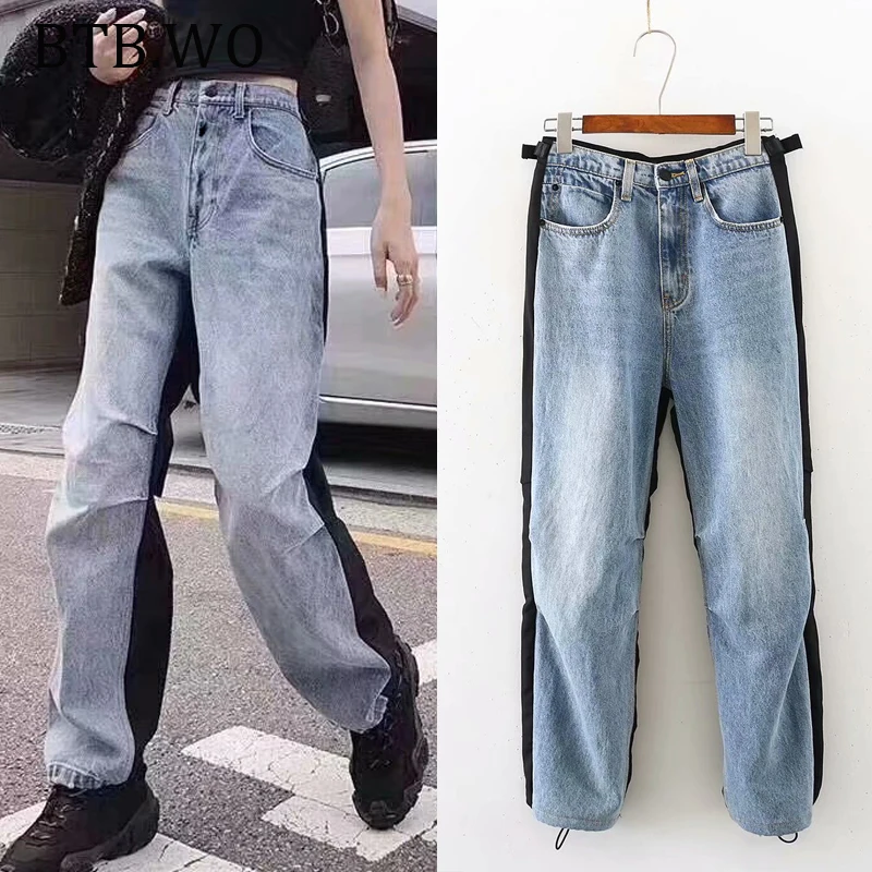 BTB. WO женские сшитые джинсы размера плюс, Свободные повседневные джинсы в стиле пэчворк, осень, джинсовые широкие брюки, уличная одежда, джинсы с высокой талией